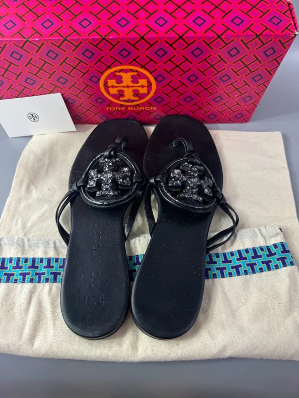 Tory Burch Embellished Crystal Miller Black Leather Sandal, Size 8